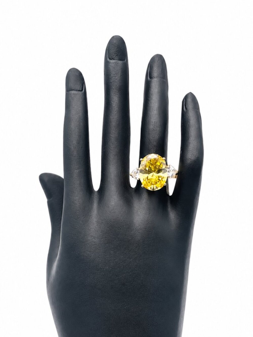 Gold Cake Ring Large Oval Canary Yellow CZ Crystal 925 Sterling Silver Size 8